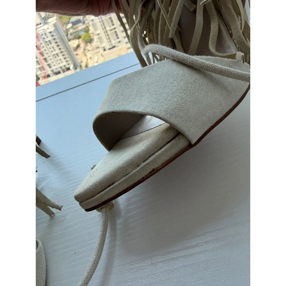 Zara Beige Faux Suede Fringe Lace Up Tassel Stiletto Heeled Sandals Size 8  NWT